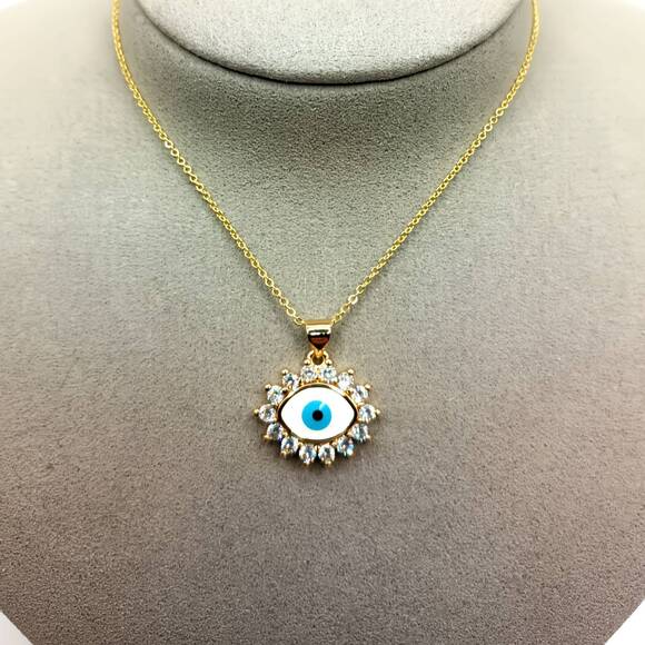 Gold Evil Eye Necklace – CZ Stones & Enamel Pendant, 18"+2" Extender, New - Picture 1 of 2
